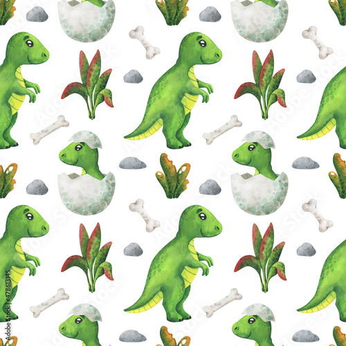 Seamless pattern with green dinosaurs and a hatched baby. Watercolor Tyrannosaurus rex on a white background, sample dino print for fabric, textiles, wallpaper, packaging, paper © Анна Сухова