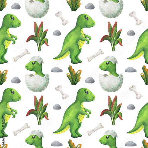 Seamless pattern with green dinosaurs and a hatched baby. Watercolor Tyrannosaurus rex on a white background  sample dino print for fabric  textiles  wallpaper  packaging  paper