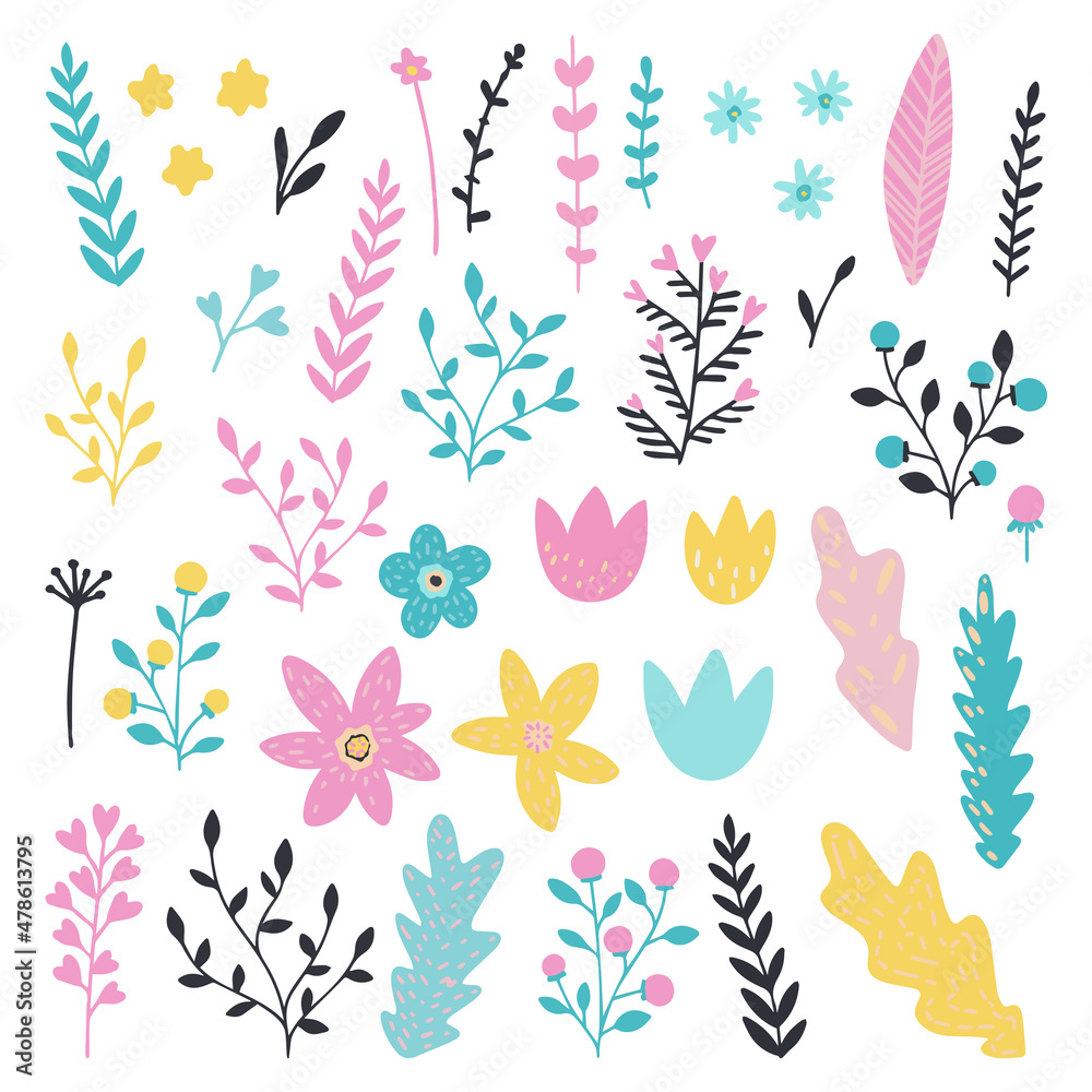 Set of floral elements. Flower and green leaves. Set of floral elements. Flower and green leaves.