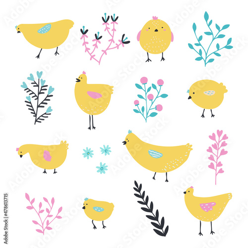 Set of hens and chickens. Domestic bird. Baby flat vector illustration. © аля бонд