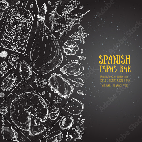 Spanish cuisine top view frame. A set of spanish dishes with hamon, tortilla, tapas, cheese . Food menu design template. Vintage hand drawn sketch vector illustration. Engraved image