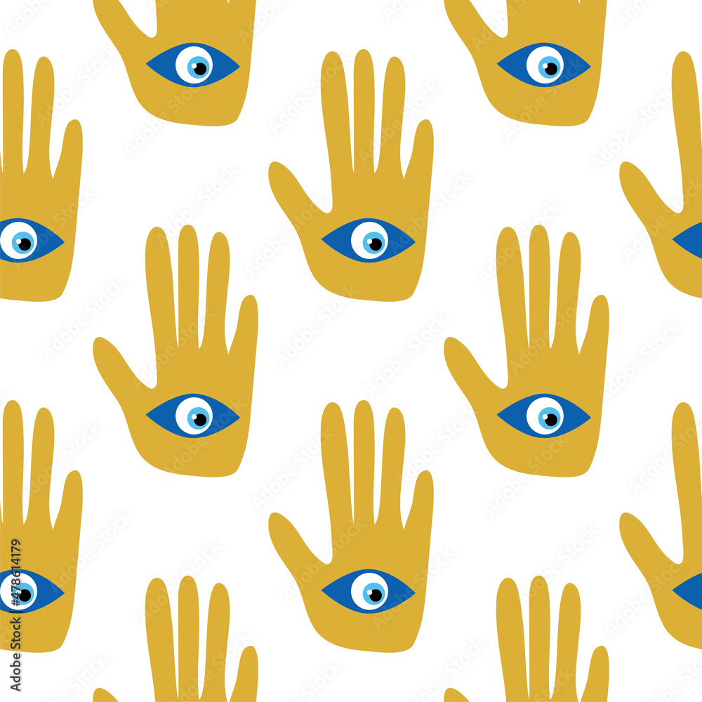 Fototapeta premium doodle seamless pattern Hamsa eye, magical eye, decor element. Pink, green, golden eyes. Fabric textile