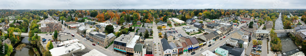Aerial panorama of Fergus, Ontario, Canada in autumn