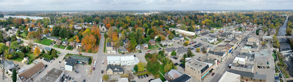 Aerial panorama view of Fergus, Ontario, Canada in autumn