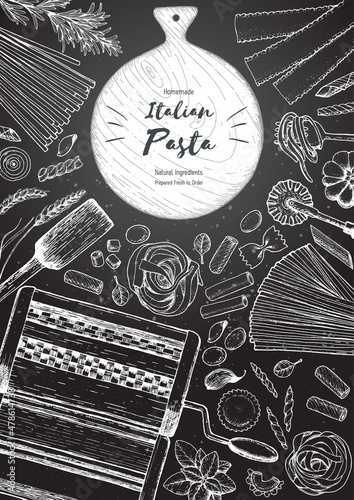 Italian pasta top view frame. Hand drawn vector illustration. Collection of pasta different types. Italian food design template. Engraved sketch style.