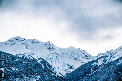Snow covered mountains in the French Alps. 