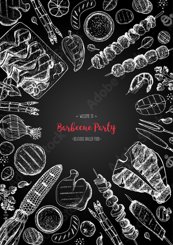 Grilled meat and vegetables top view frame. Vector illustration. Engraved design. Hand drawn illustration. Grill restaurant menu design template.