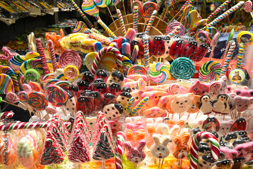 Traditional handmade sweets displayed in shop. Souvenirs. Gumballs, gummy bears, candy.