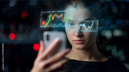 Woman phone diagram holograms display process collecting financial data closeup