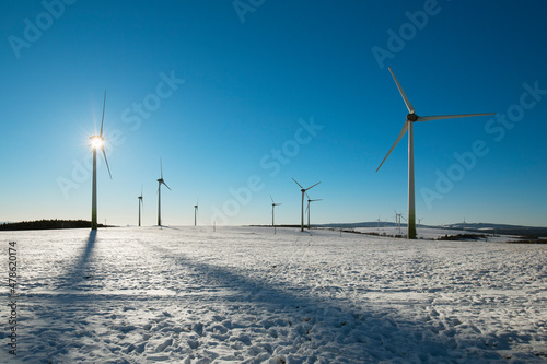 Wind turbines farm at sunset