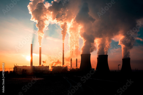coal fired power station and Combined cycle power plant at sunset, Pocerady, Czech republic