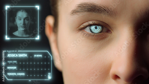 Face biometrical recognition system identify user personality app login closeup photo