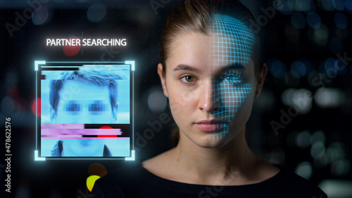 Closeup face biometrical analysis match partner search collecting personal data. photo