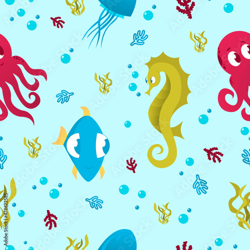 Underwater cute cartoon pattern with jellyfish, octopus, seahorse. Childish pattern for apparel, nursery, textile, wrapping paper