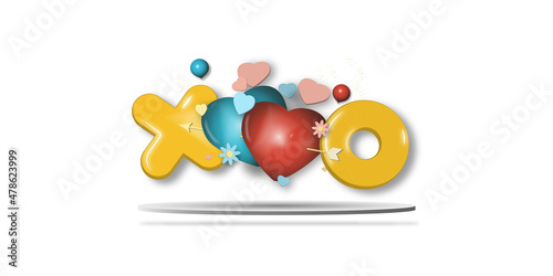 Valentine's Day. Background decoration of blue and red hearts united with Cupid's arrow, with letter "O" that mean hugs and kisses, on platform and white background