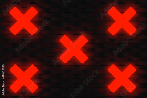 Glowing shapes of crosses on wall. Neon effect. Luminous object. Geometrical figure. Abstract background. 3d render