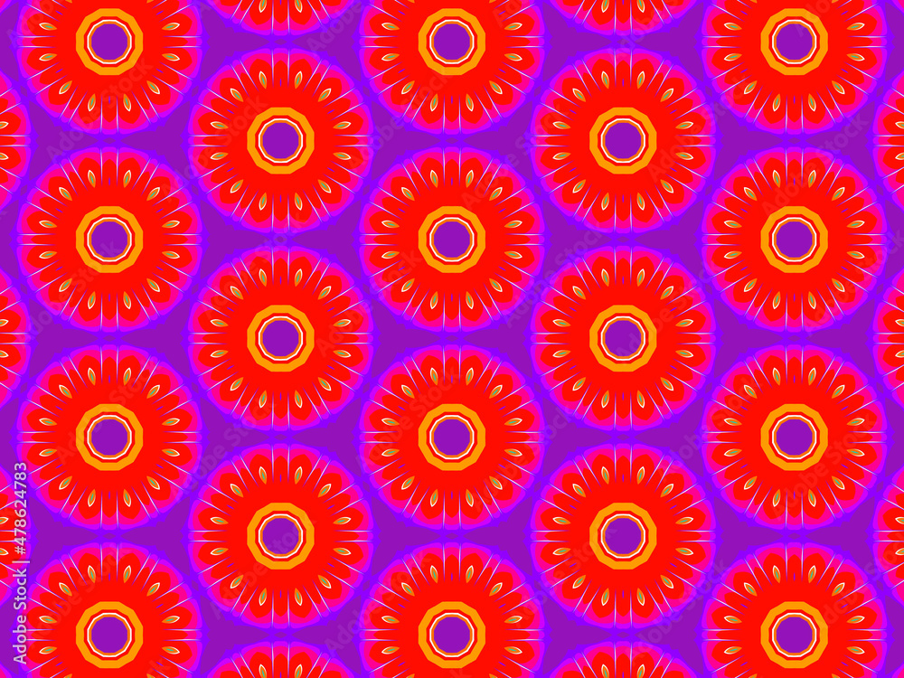 Colorful and vibrant repeating pattern in red, purple and blue. Energetic, hypnotic and positive surface print for fabric, packaging and wrapping. Concept of passion, sex appeal, love and enchantment. Colorful and vibrant repeating pattern in red, purple and blue. Energetic, hypnotic and positive surface print for fabric, packaging and wrapping. Concept of passion, sex appeal, love and enchantment.