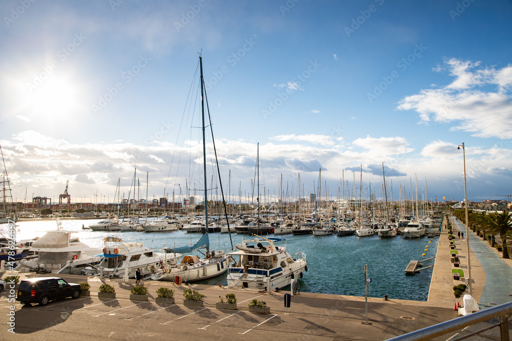 VALENCIA , SPAIN - DECEMBER 6, 2021: Yachts and boats in Valencia marina