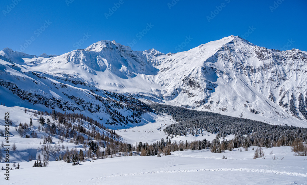 Panorama of a snow-covered alpine landscape, Rauris, Salzburger Land, Austria