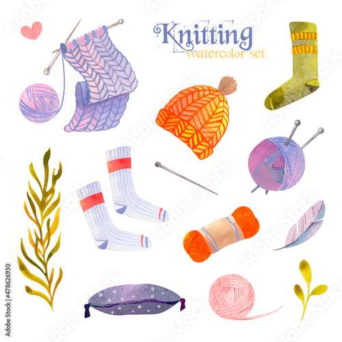 Watercolor autumn set with cute elements for design. Knitting element, cozy warm clothes, yarn and wood