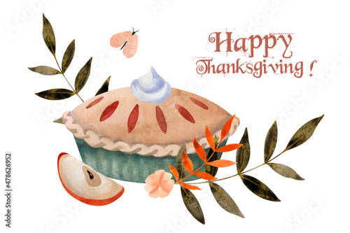 Watercolor autumn Thanksgiving postcard with apple pie