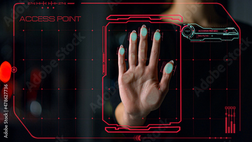Biometrical access application deny hacker attack identify person palm closeup