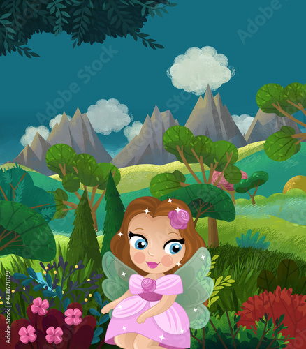 cartoon happy fairy tale scene with nature forest and funny elf