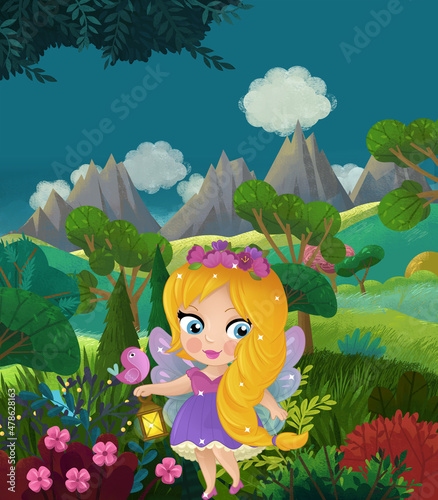 cartoon happy fairy tale scene with nature forest and funny elf