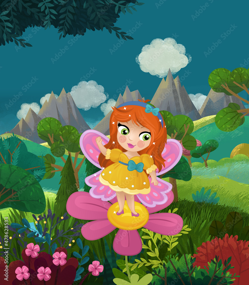 cartoon happy fairy tale scene with nature forest and funny elf cartoon happy fairy tale scene with nature forest and funny elf