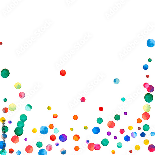 Watercolor confetti on white background. Actual rainbow colored dots. Happy celebration square colorful bright card. Brilliant hand painted confetti.