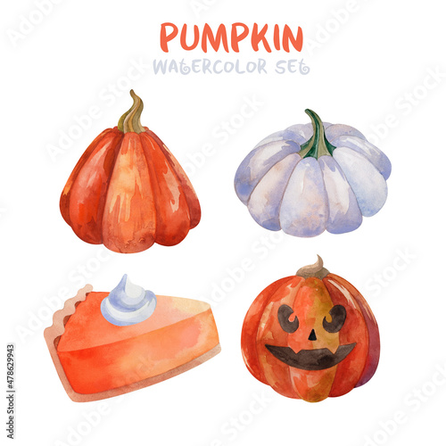 Halloween watercolor set with pumpkin Jack, blue and orange pumpkin