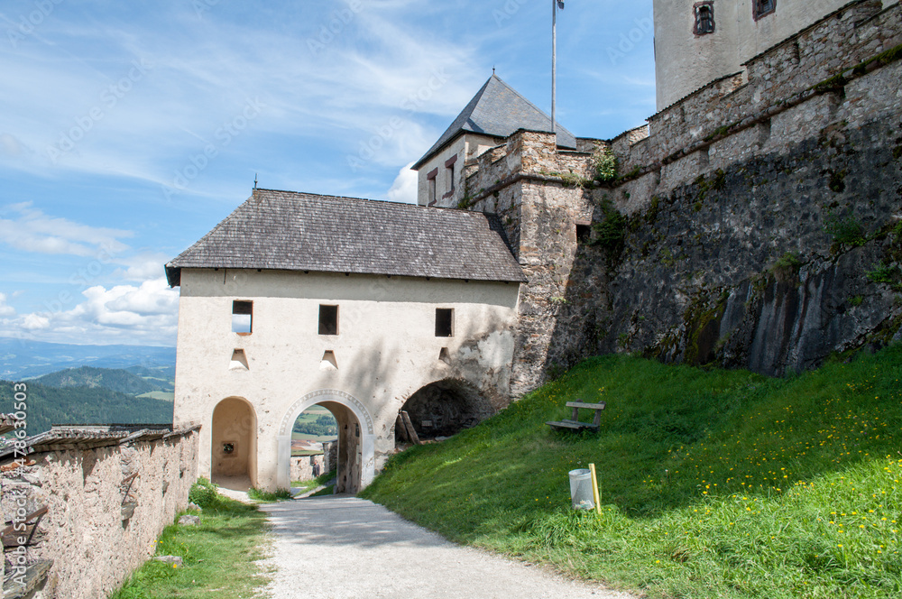 Entrance gate to the old castle Hochosterwitz, which stands in Austria in the region of Carinthia. The gate is part of the fortifications and protects the castle from the entry of enemies.