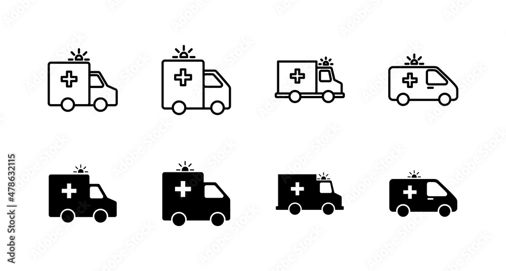 Ambulance icons set. ambulance truck sign and symbol. ambulance car Ambulance icons set. ambulance truck sign and symbol. ambulance car
