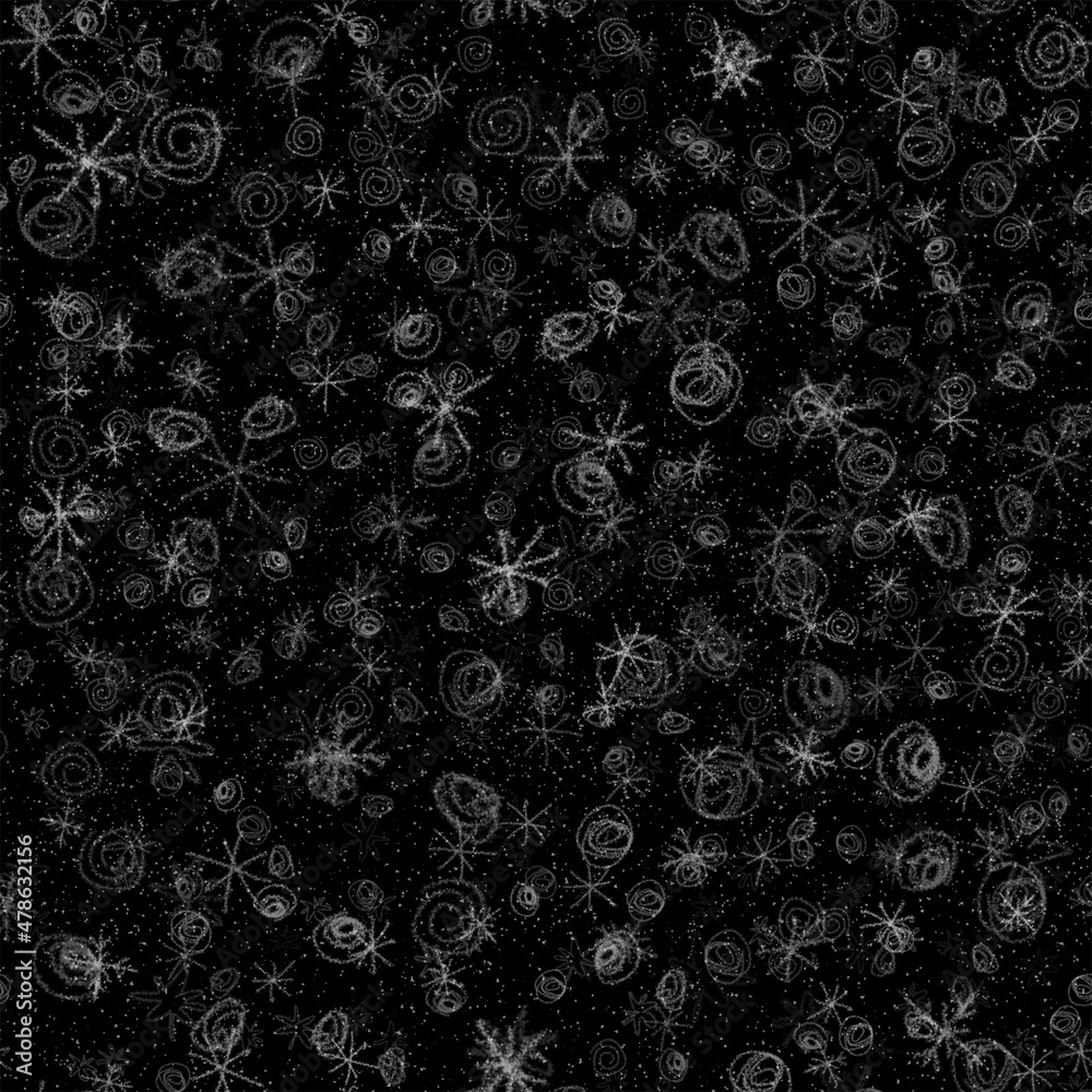 Hand Drawn Snowflakes Christmas Seamless Pattern. Subtle Flying Snow Flakes on chalk snowflakes Background. Authentic chalk handdrawn snow overlay. Tempting holiday season decoration.
