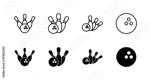 Bowling icons set. bowling ball and pin sign and symbol.