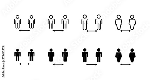 Social distance icons set. social distancing sign and symbol. self quarantine sign