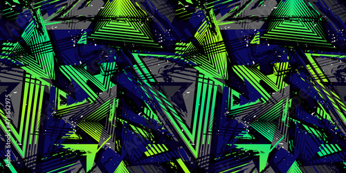 Abstract grunge seamless pattern. Urban art texture with neon lines, triangles, chaotic brush strokes, splatter. Colorful graffiti style vector background. Trendy design in black, green, blue color