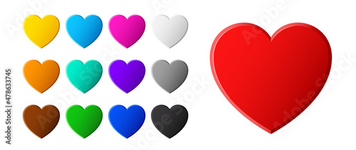 Set of colored hearts with glare isolated on white background. Contours of a heart is perfect for stickers, icons, valentine greeting cards and gift certificates