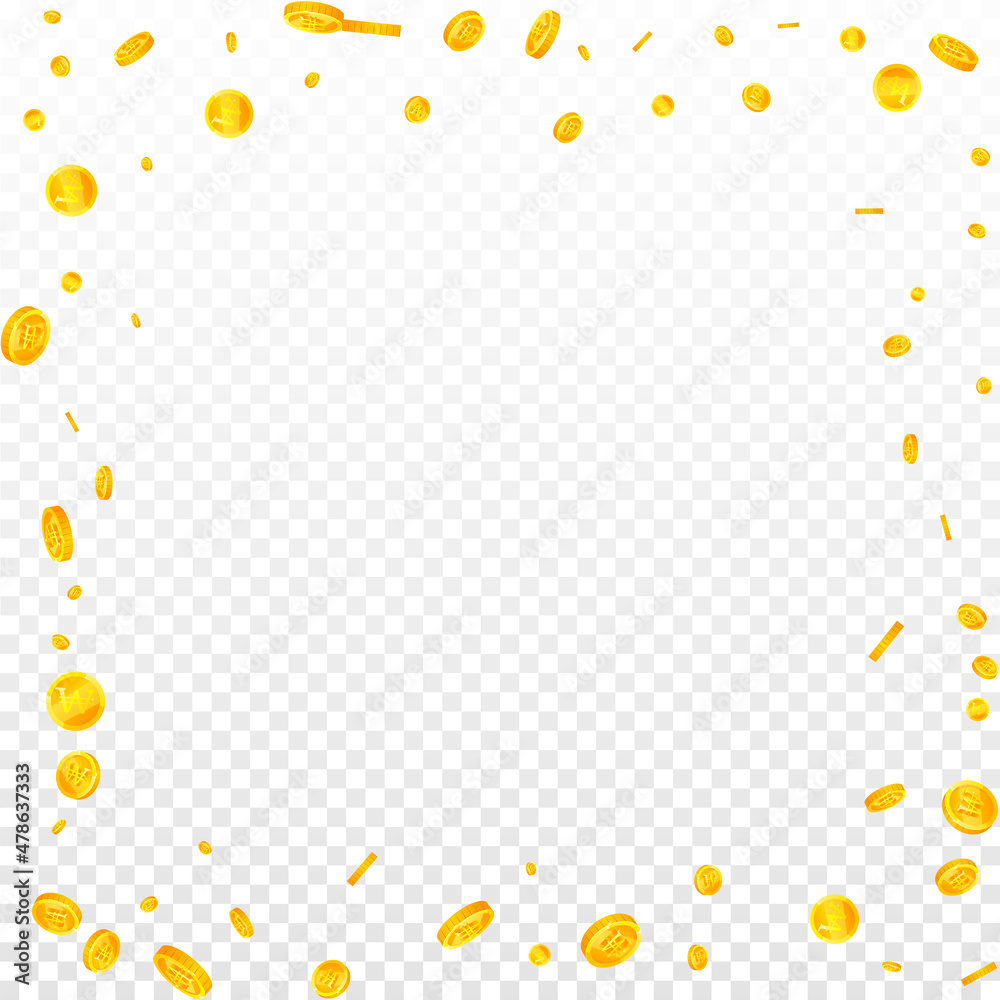Korean won coins falling. Enchanting scattered WON coins. Korea money. Fancy jackpot, wealth or success concept. Vector illustration.