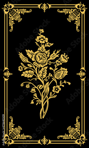 Flower bouquet. Vintage ornate floral ornament golden geometric frame