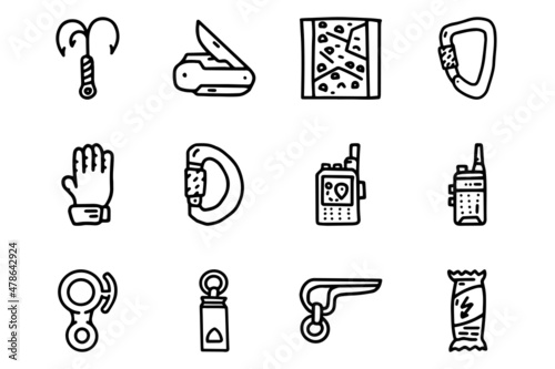 Rock climbing equipment line vector doodle simple icon set photo