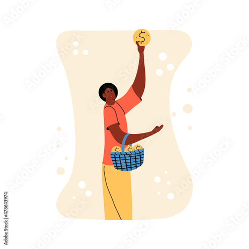 An African American woman holds a basket of money in one hand and a gold coin in the other. Cashback concept  money saving  businesswoman. Vector illustration in flat style