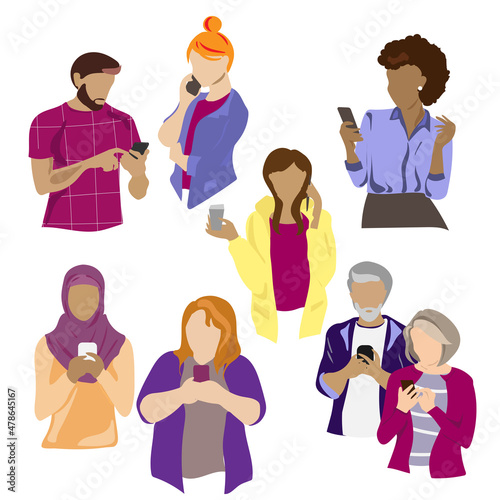 People of different ethnicity and age use smartphones.Young and old characters,modern people with phones in their hands, call,use and chat.Vector illustration of a group of people isolated on white 