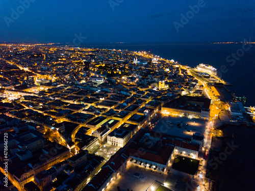 Picturesque aerial view of illuminated downtown of Lisbon at night, Portugal..