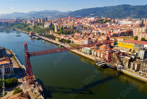 Aerial view of iron constructions of Vizcaya suspension Bridge crossing Nervion River in Spain