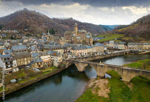 Day view of stone houses of medieval town Estaing in France