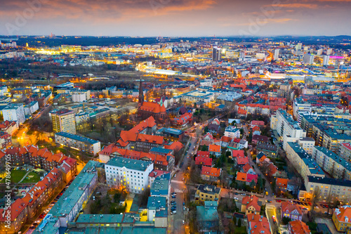 Canvas Aerial view of modern landscape of Polish city of Katowice on spring evening, Si