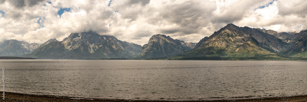 Panorama of Jackson Lake Below The Cloud Covered Teton Range