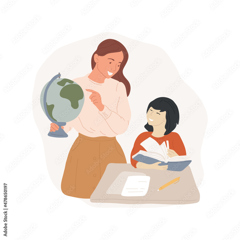 Social studies tutor isolated cartoon vector illustration. Academic coaching, tutor explaining history, teacher showing student on the globe, social studies home-based tutoring cartoon vector. Social studies tutor isolated cartoon vector illustration. Academic coaching, tutor explaining history, teacher showing student on the globe, social studies home-based tutoring cartoon vector.