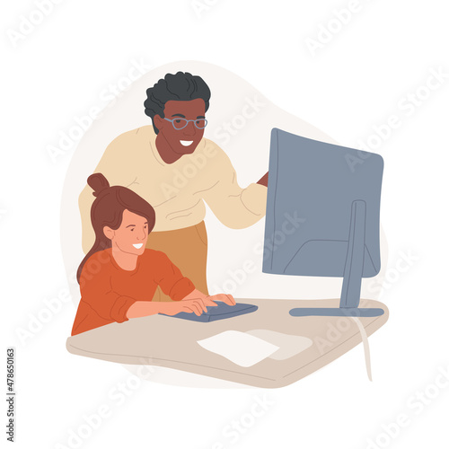 Computer science tutor isolated cartoon vector illustration. Computer literacy class, science and tech one-on-one tutoring, make hardware project with tutor, learn software cartoon vector.